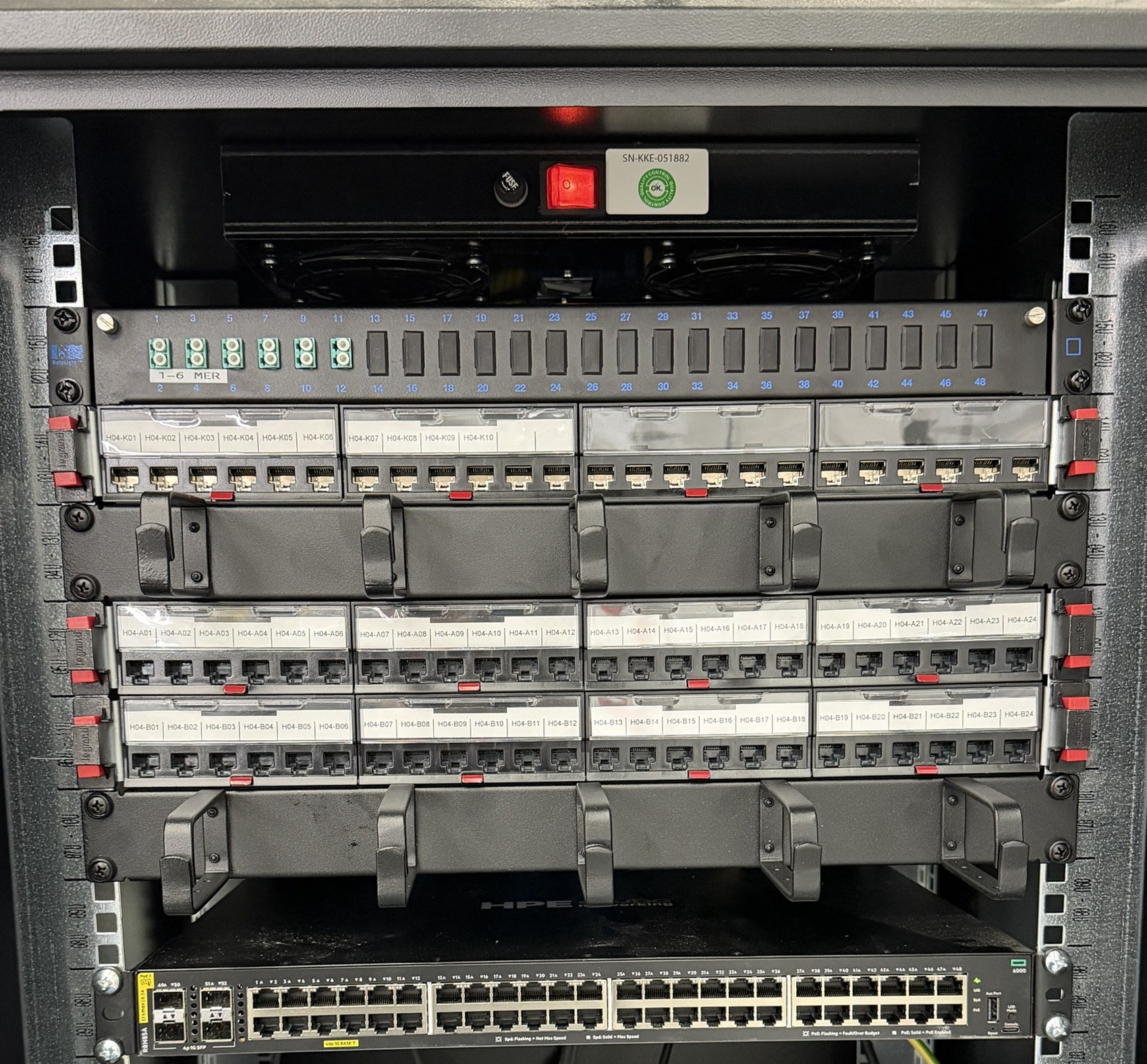 Patchkast met glasvezelpaneel, gelabelde Cat6a-panelen en PoE-switch